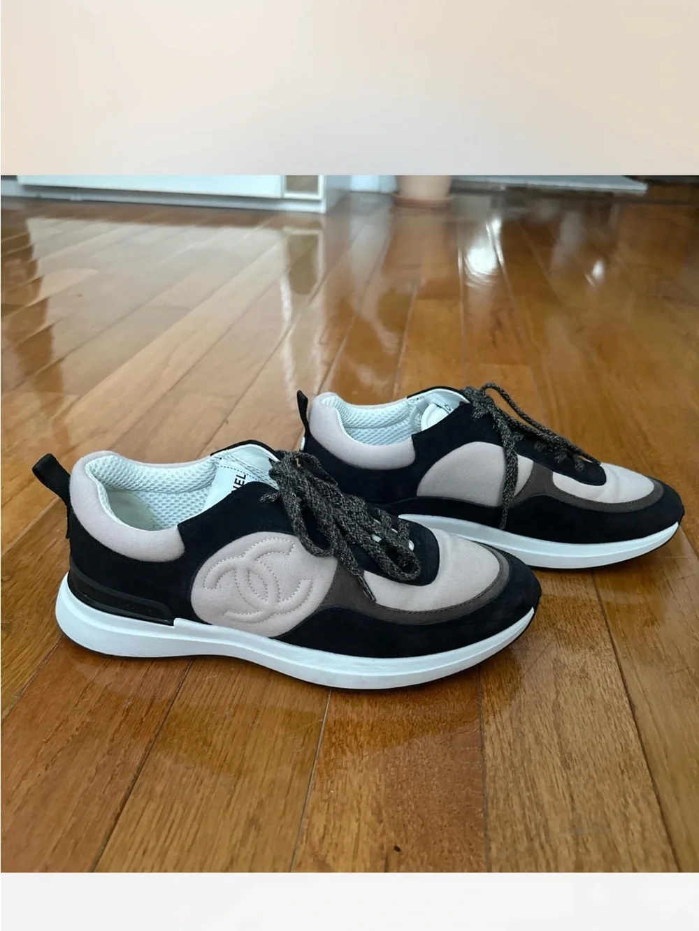 CHANEL Black and Beige Low-Top Logo Sneakers